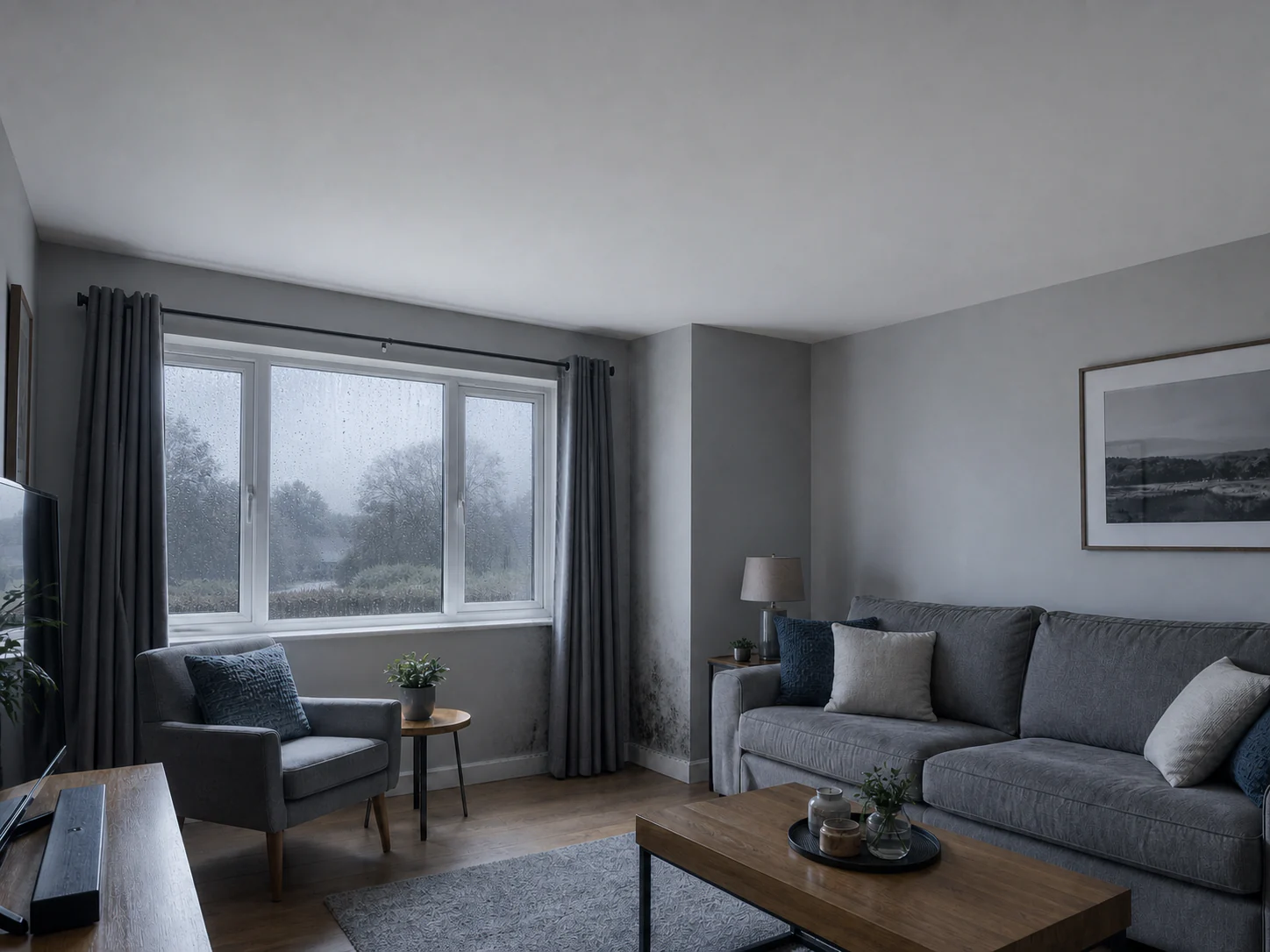Living room before PIV, with heavy window condensation and condensation-related mould