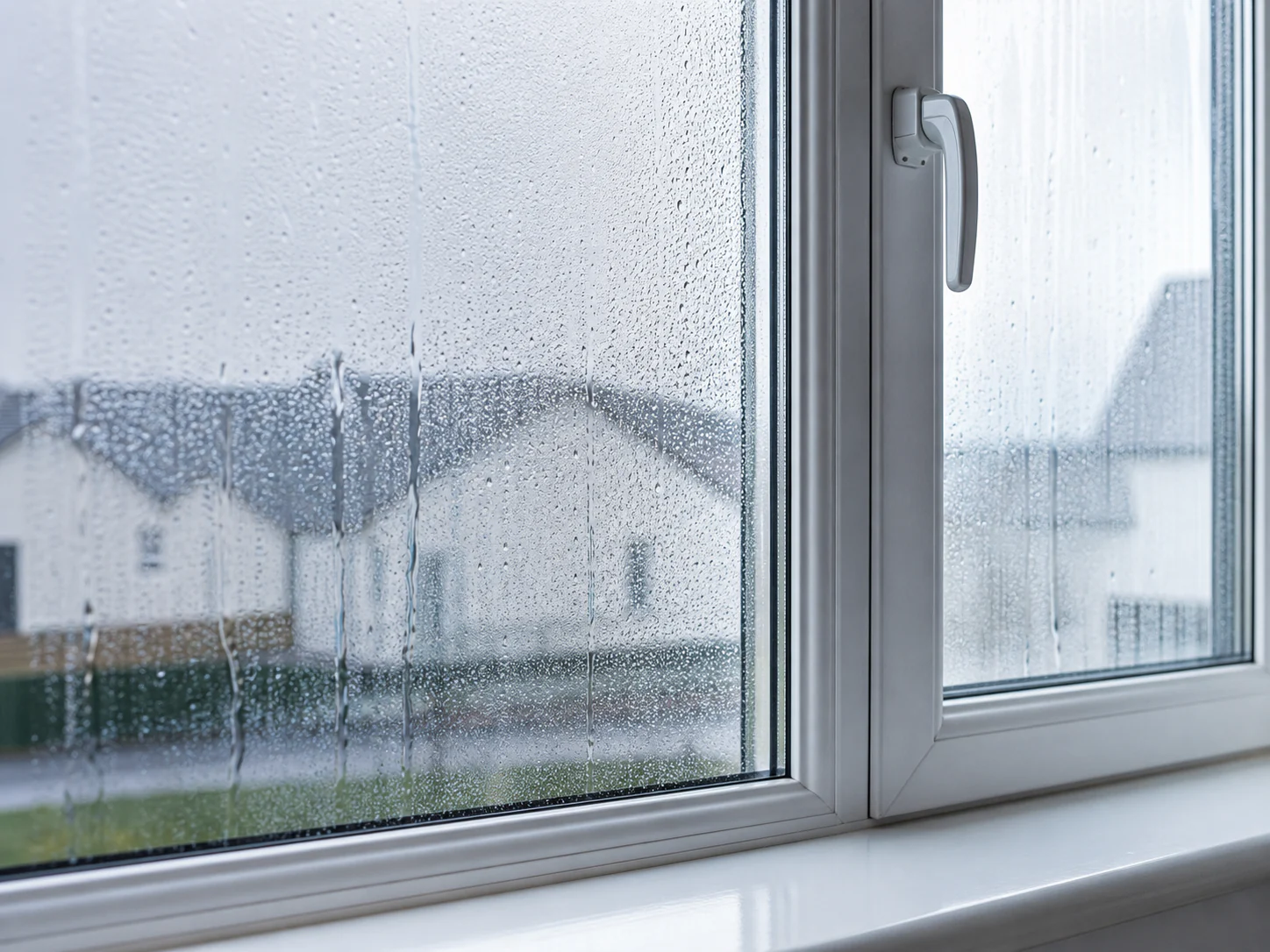 Heavy condensation and water running down the inside of a house window