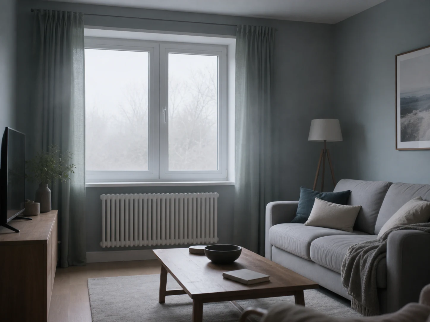 Closed living room with a heavy stale indoor atmosphere