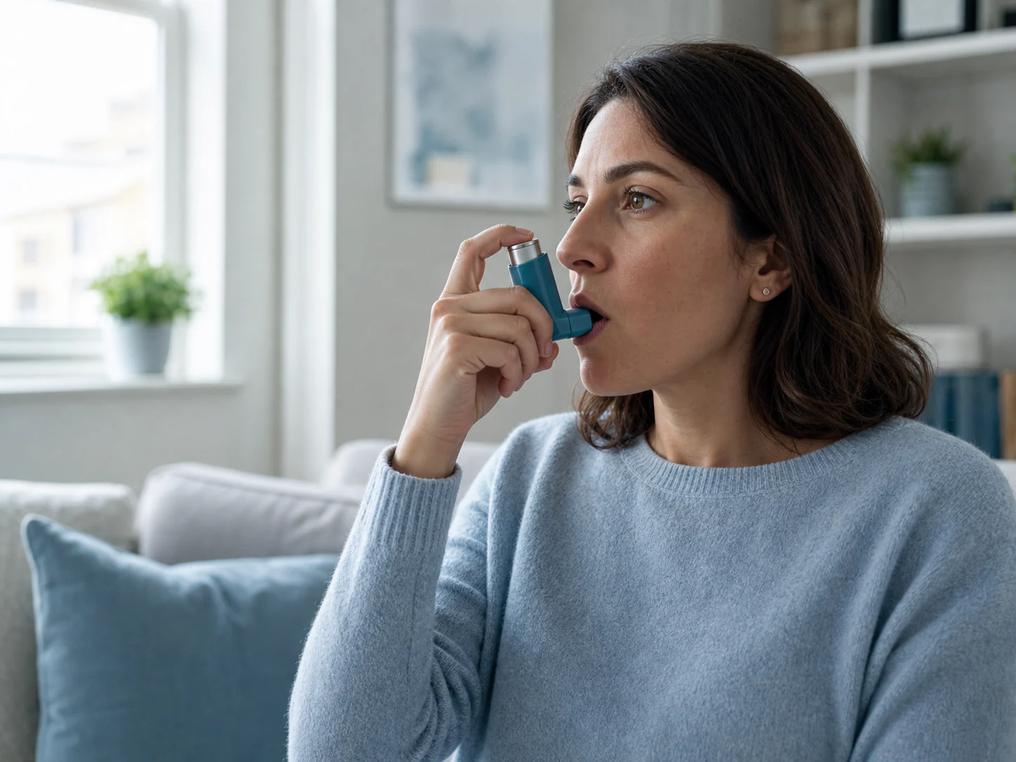 Adult using a blue reliever inhaler at home
