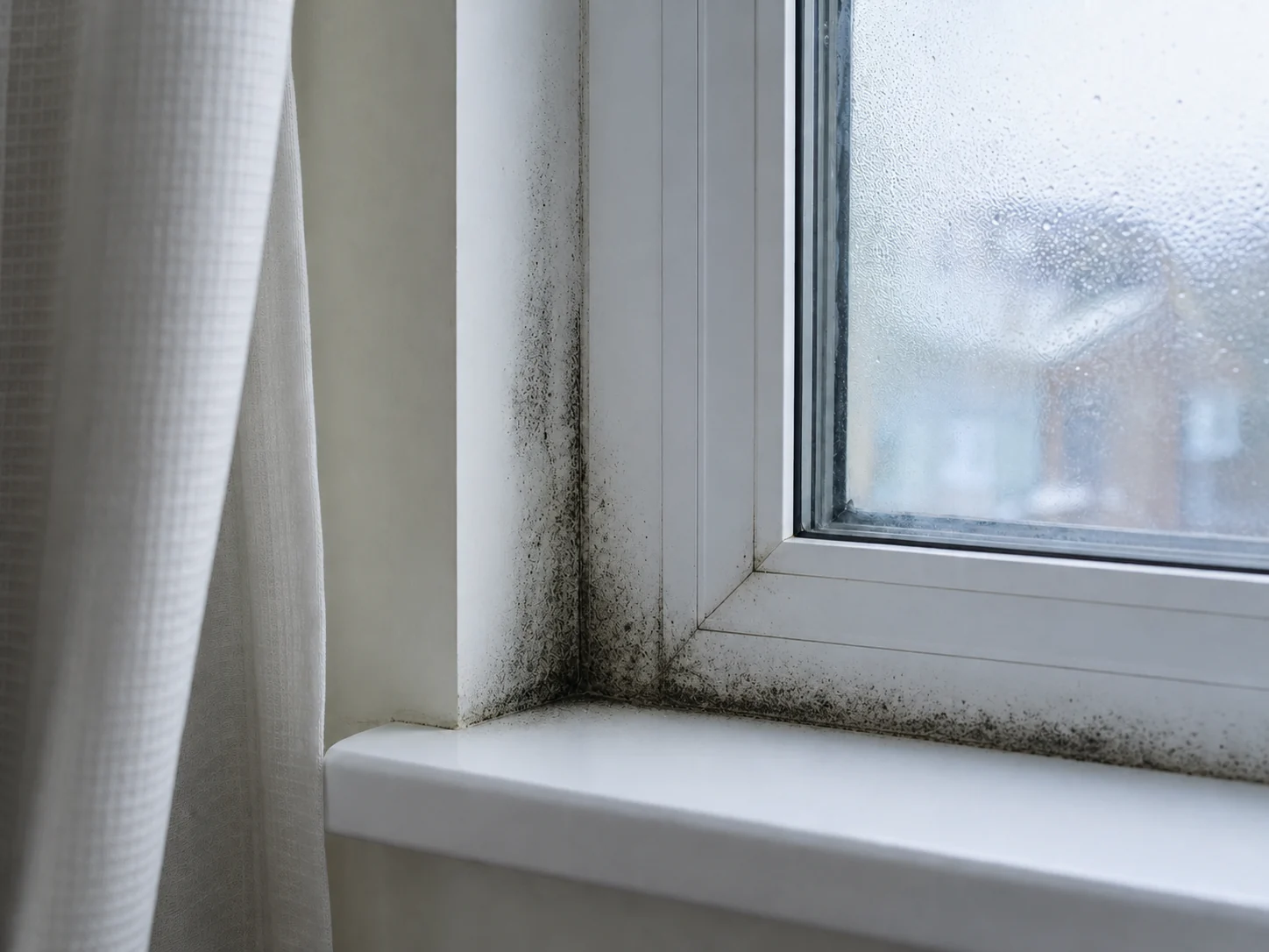 Clearly visible black condensation mould spreading around the corner and seal of a white window